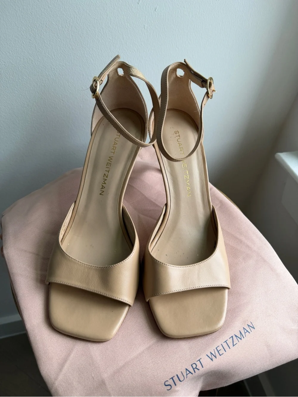 Stuart Weitzman Beige Leather Ankle-Strap Open-Toe Heels